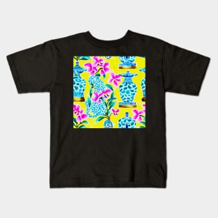 Blue panther, orchids and chinoiserie jars on yellow Kids T-Shirt